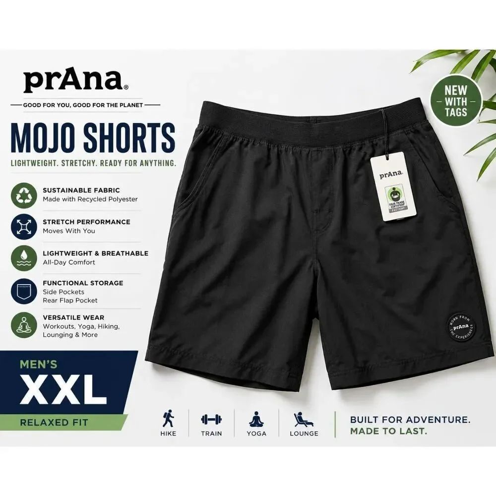 NWT prAna Mojo Shorts Men’s XXL Black Stretch Active Lounge Athletic Shorts